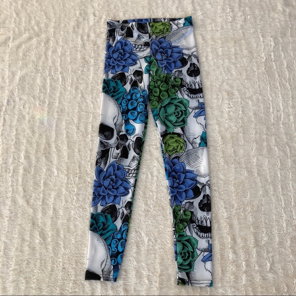 COPY - GEARBUNCH Sportswear Blue Floral Skulls XS leggings - Picture 1 of 3